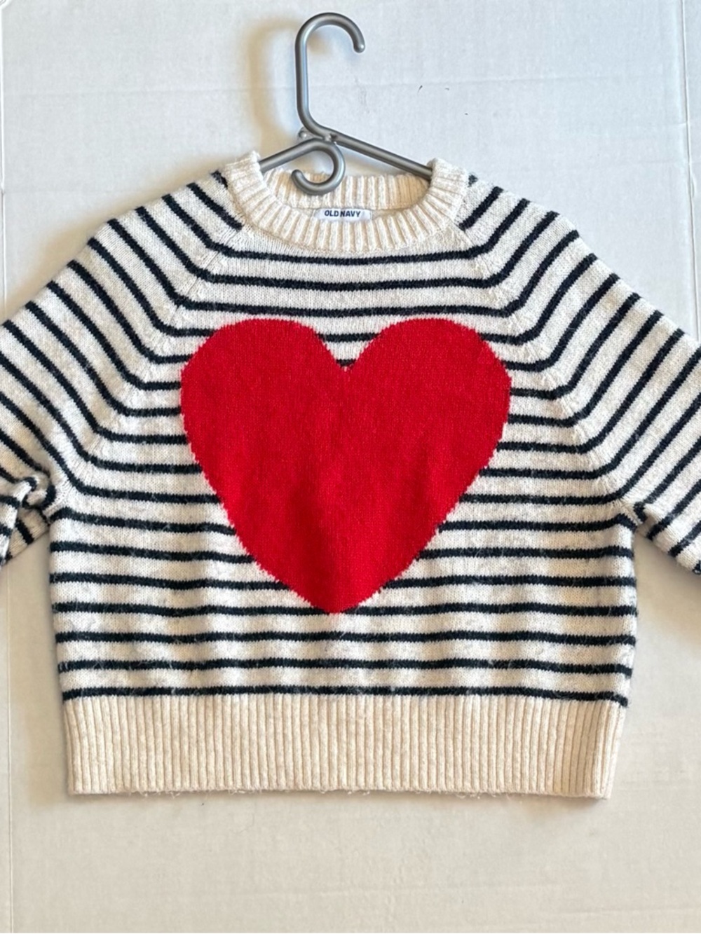 Old Navy Cream & Black Striped Crewneck Sweater with Red Heart